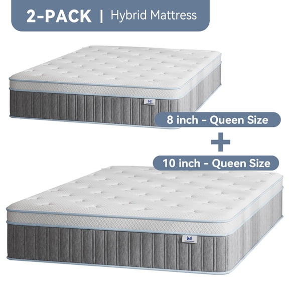 2 Pack Queen Size Hybrid Mattress, 8 Inch 10 Inch Memory Foam Mattress Hybrid Innerspring Bed in a Box, Sleep Cooler with More Pressure Relief, Support