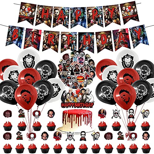 Classic Horror Movie Party Decoration Supplies Including Banners Latex Balloons Cupcake Toppers Stickers,for Kids and Adults Party Decorations