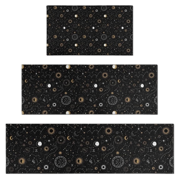 Black Gold Zodiac Sun Moon Pattern Kitchen Rugs Sets Of 3,Kitchen Runner Rugs Non Skid Washable,Decorative Kitchen Floor Mats for Kitchen,Sink,Laundry,17"x30"+ 17"x47" + 17"x59"