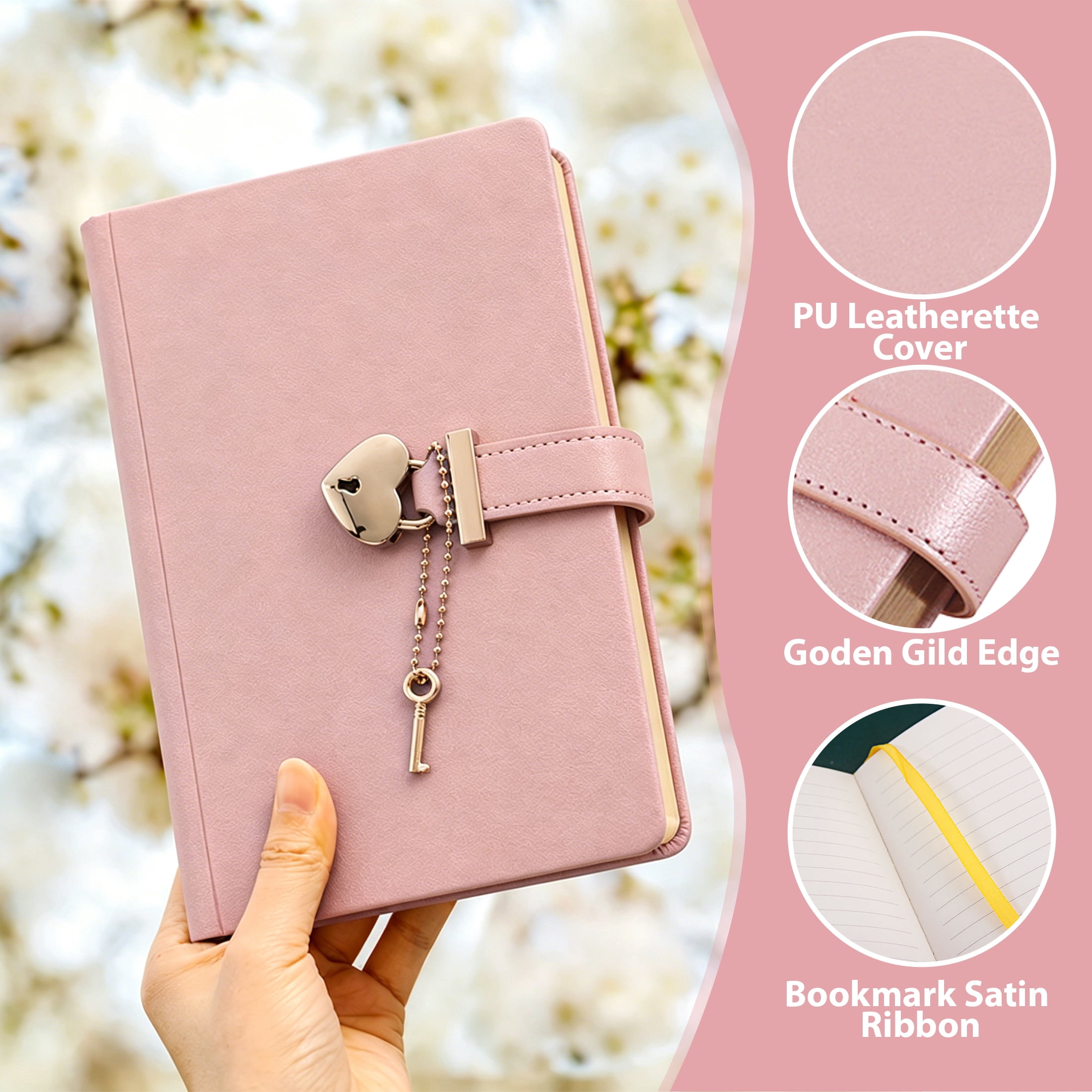 Lock Diary with Keys, B6 PU Leather Journal Notebook with Heart Lock, Lined Writing Journal with 144 Sheets for Personal Writing and Daily Use,Pink
