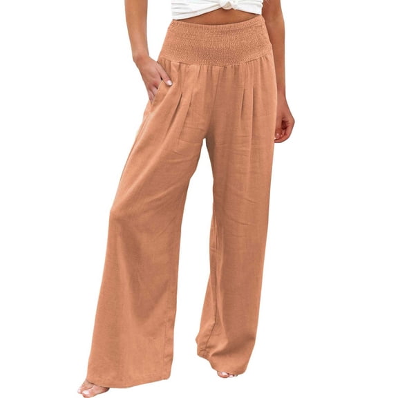 Pants for Women Work Smocked Elastic Waist Loose Comfy Pajama With Pockets Palazzo Wide Leg Pants