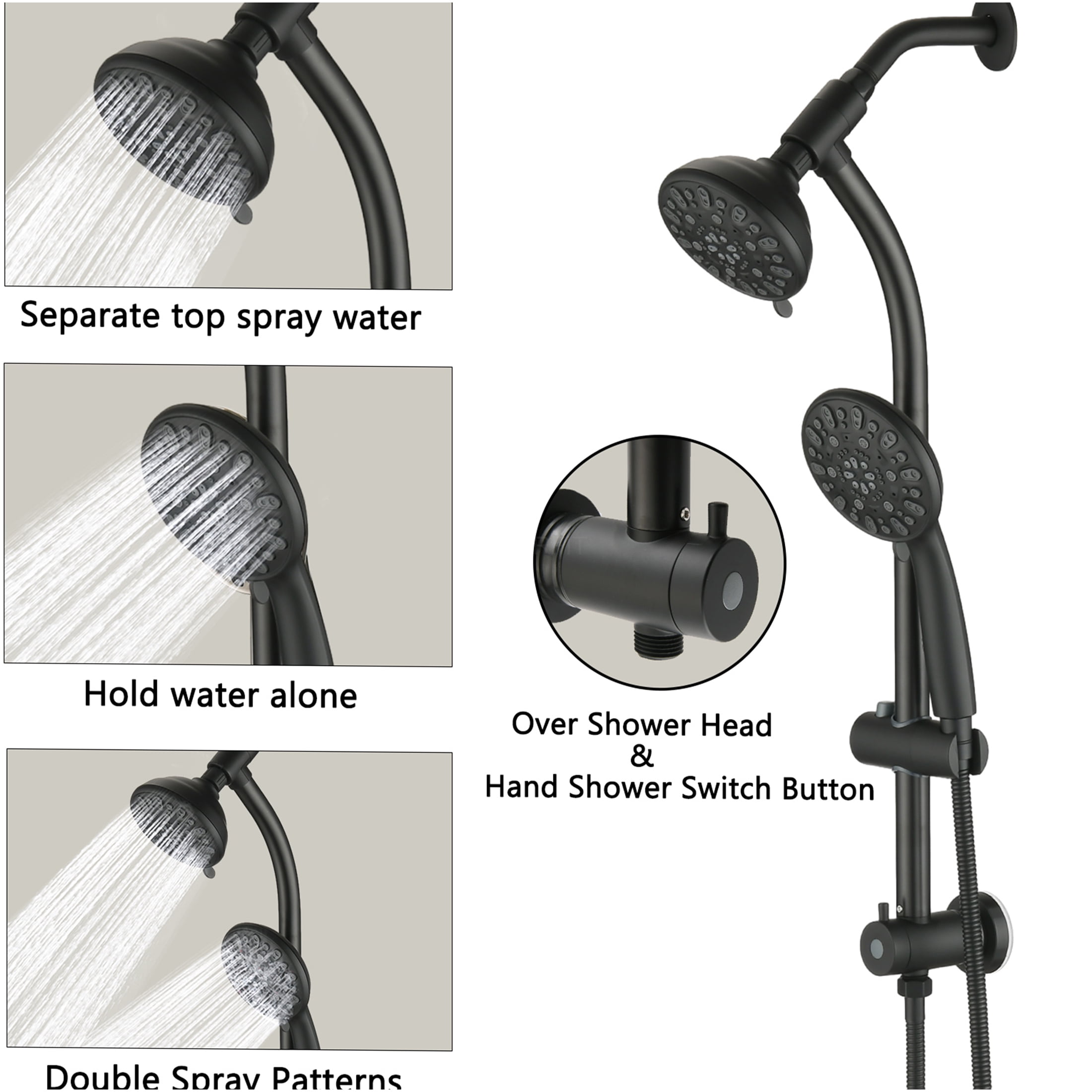 JERFIT Matte Black Dual Shower Head System with 7-Spray Rain Showerhead, Handheld, Slide Bar & No-Drill Mount