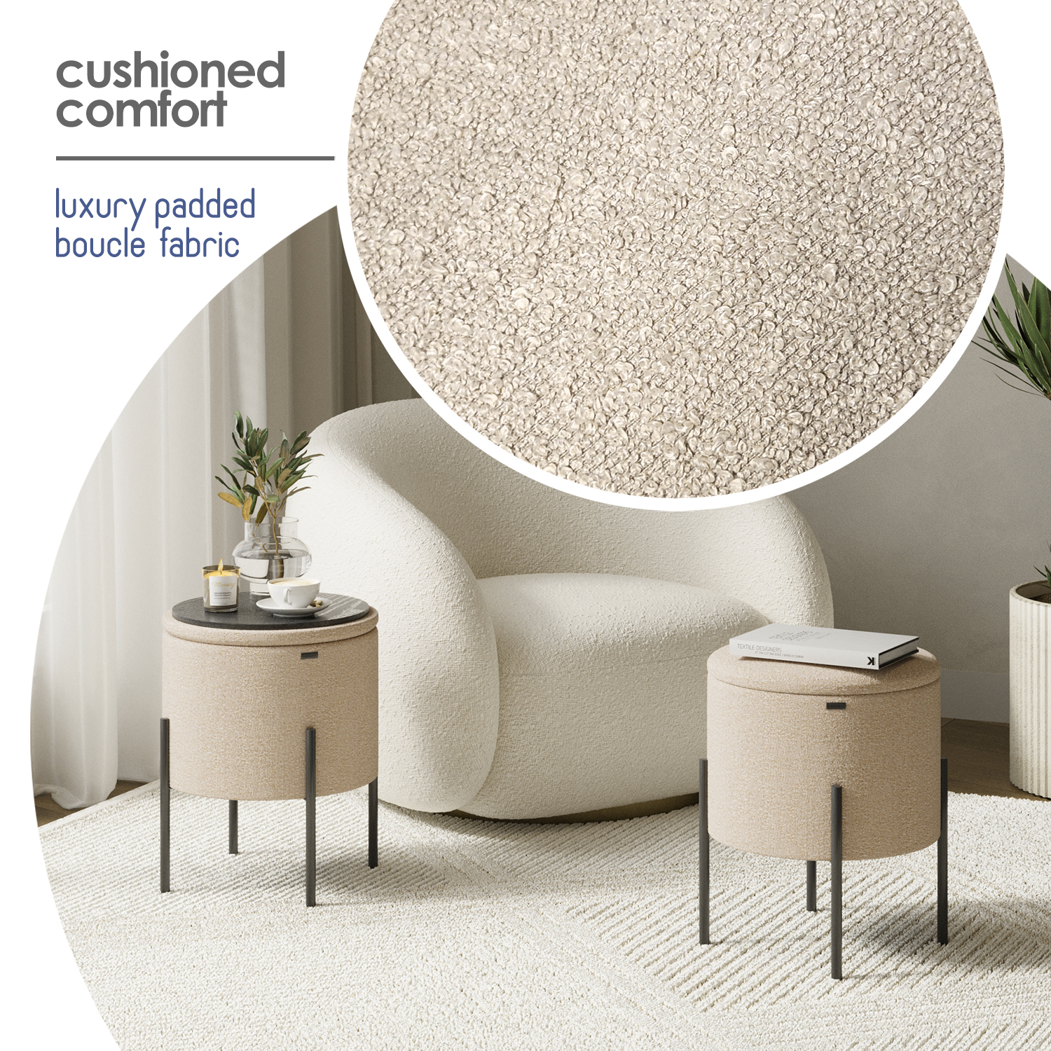 LammaLoe Small Round Ottoman with Storage, Boucle Ottoman Foot Stool with Lid, Upholstered Vanity Stool for Living Room & Bedroom, Beige