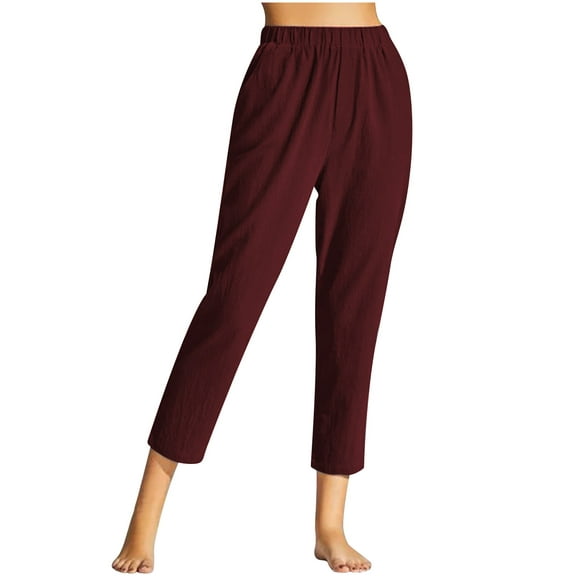 Womens Capri Pants Cotton Linen Elastic Waist Pleated Capris Slacks Boho Summer Casual Lounge Relaxed Trousers