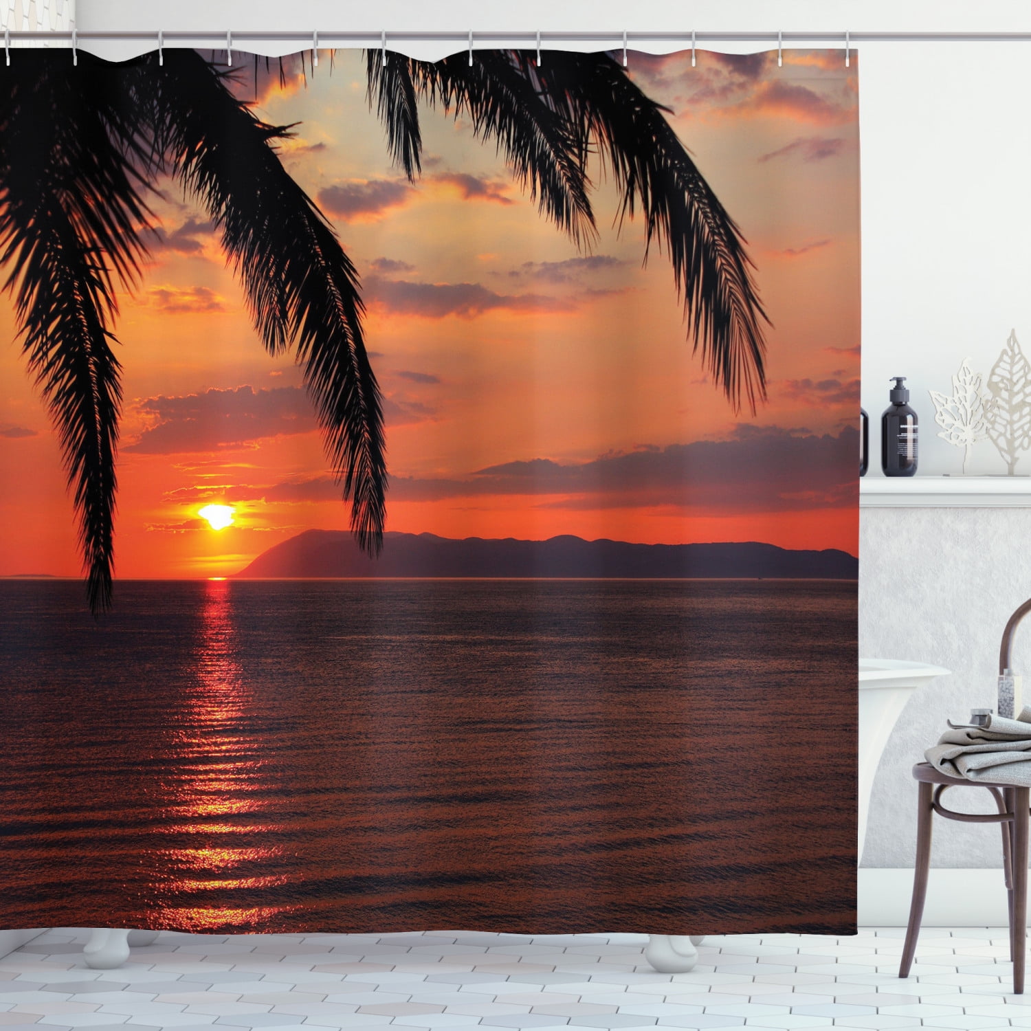 Details about   Tropical Shower Curtain Exotic Tree at Sunset Print for Bathroom 