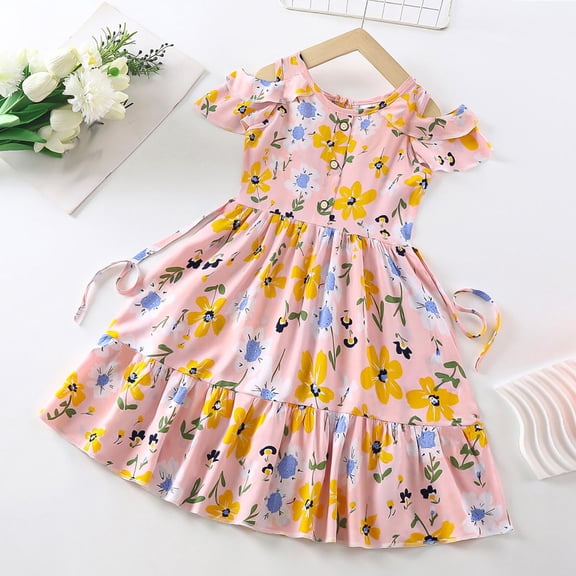 YHAJDS Little Girls Striped Mesh Dress Short Sleeve Round Neck Summer Casual Sundress for Kids
