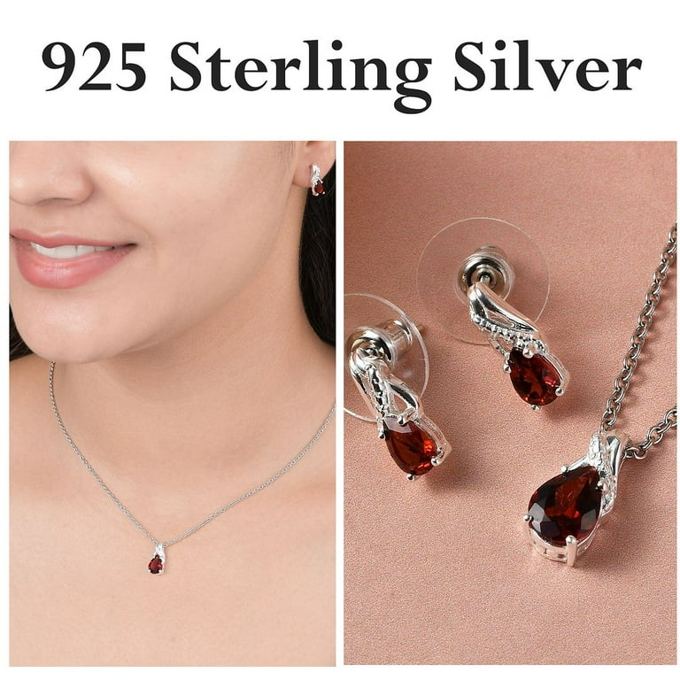 Wedding Costume Jewelry Set for Women Red Garnet Drop Earrings Bridal Necklace 925 Sterling Silver Stainless Steel Size 20 Valentines Day Gifts for