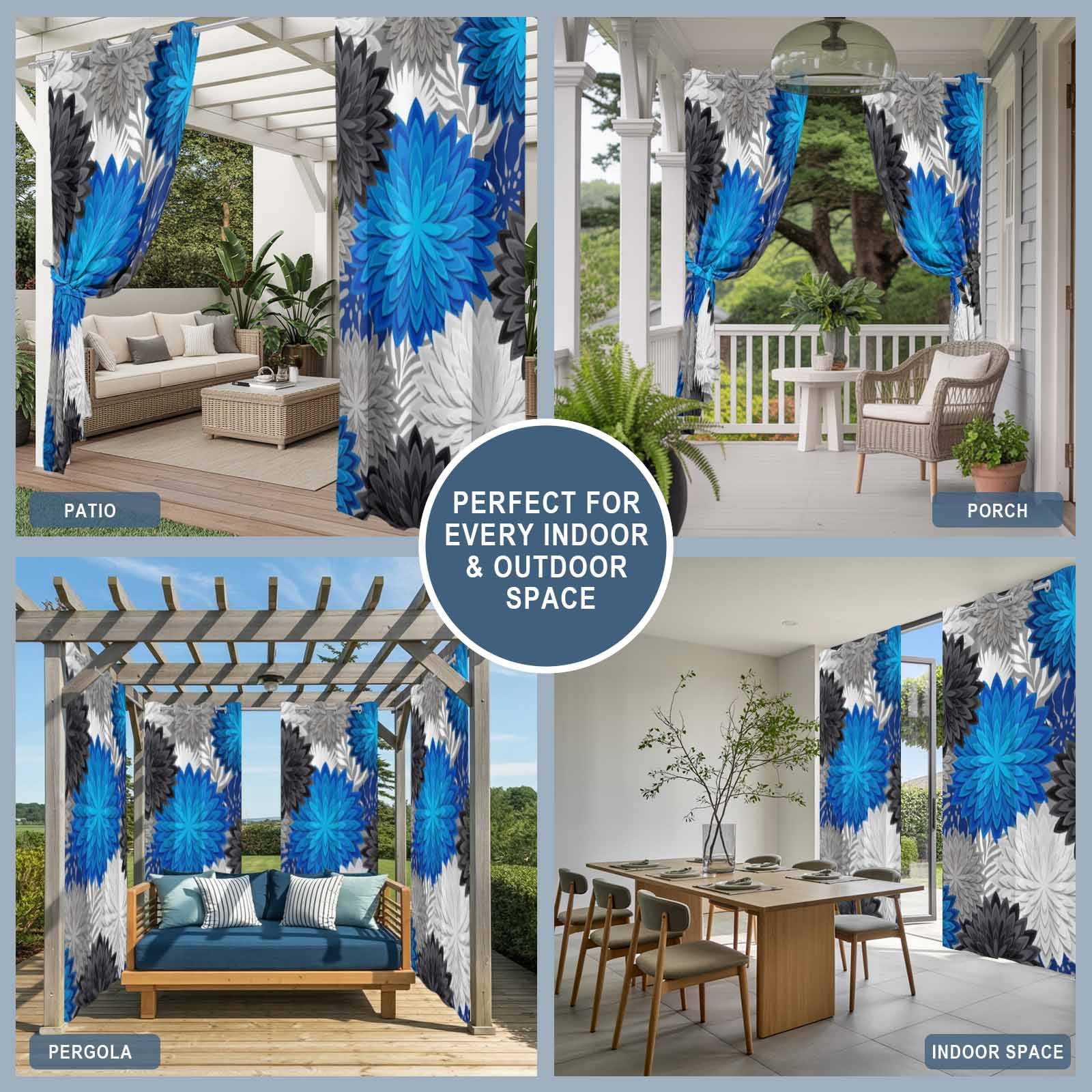 Blue Flower Bloom Outdoor Curtains for Patio, Modern Abstract Minimalist Black and White Floral Sunshade Privacy Drapes Grommet Waterproof Outside Curtains for Porch/Cabana/Balcony 54"x 108", 1 Panel