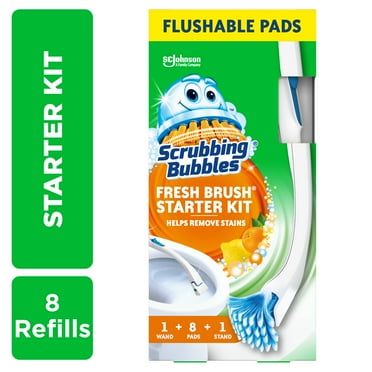 Scrubbing Bubbles Fresh Brush Starter Kit, Citrus - Toilet Bowl Cleaning System with Flushable Pads (19 Inch Handle, 8 Pads and 1 Stand)