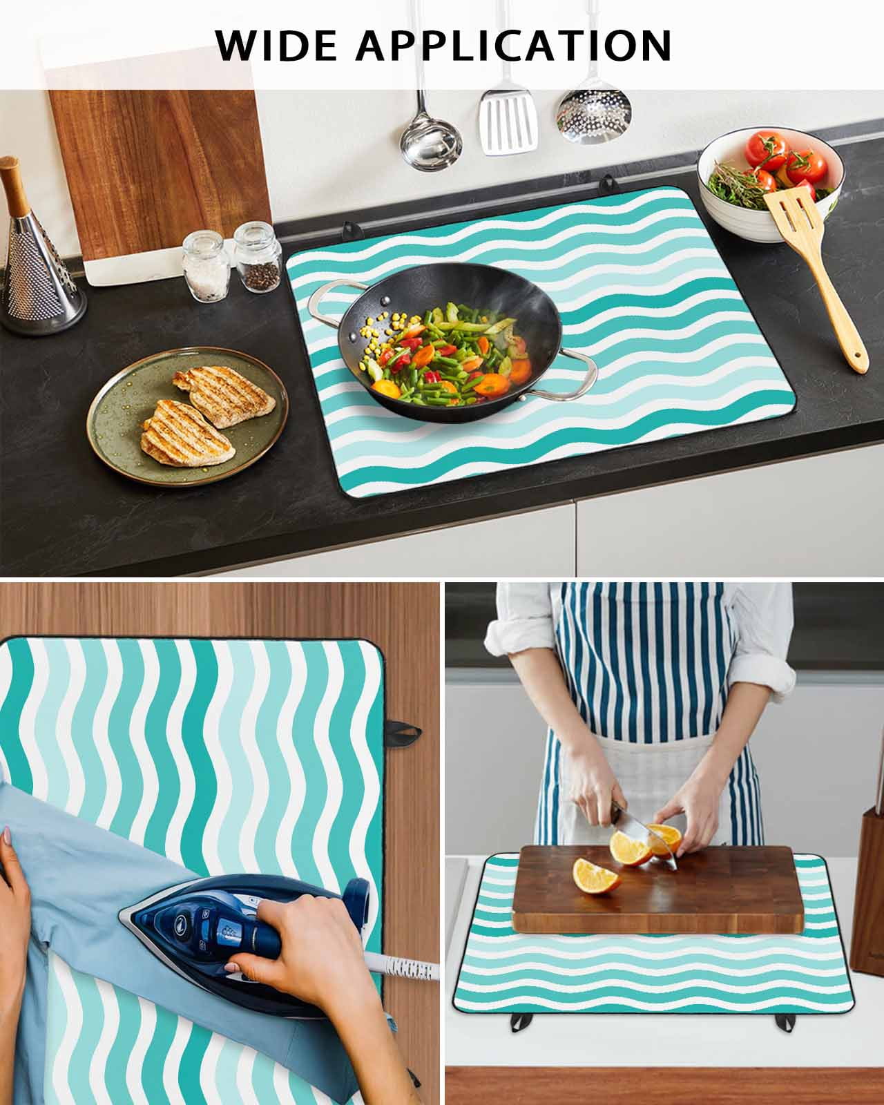 nqOlkjepod Large Induction Cooktop Protector Mat 36"x21", Turquoise Striped Ombre Stove Top Covers for Electric Stove, Geometric Modern Gradient Ocean White Stove Burner Cover Mats Stove Cover