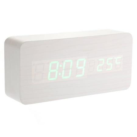 POPETPOP Electronic Clock LED Wooden Alarm Clock with Green Digits and Temperature Display White