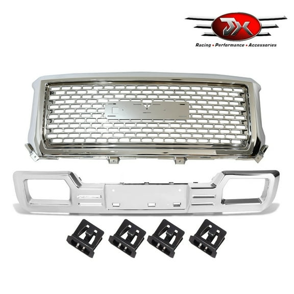 JX RACING Front Bumper Upper Hood Grille And Lower Skid Plate Compatible with 2014 2015 GMC Sierra 1500 Denali Grill Assembly Chrome