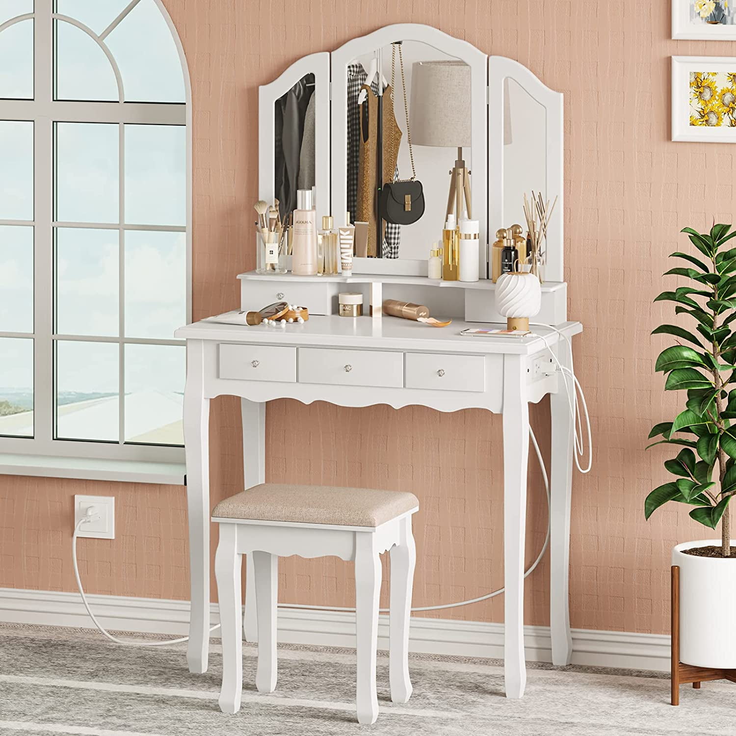Buy White Vanity Desk with Outlets and USB Ports, Makeup Vanity with
