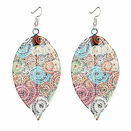 DESIGNICE 2026 New Ethnic Hollow Colorful Leaf Pendant Drop Women Statement Hook Earrings Jewelry Alloy Beige for Festivals, Casual Wear, Bohemian Style, Outdoor Events, Summer Outfits