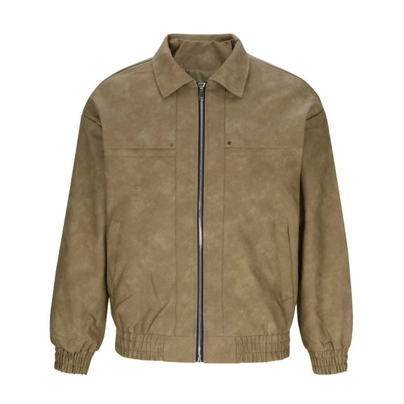 Faux Leather Bomber Jacket Men Vintage Moto Coat Slim Fit Full Zip Long Sleeve Outerwear with Pockets Autumn Casual Biker Style Retro Ribbed Cuff Streetwear