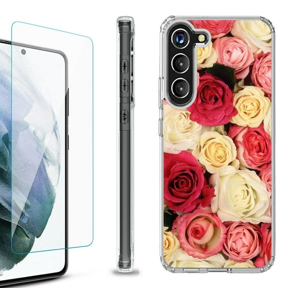 Shockproof Bumper Phone Case for Samsung Galaxy S23 5G, with Tempered Glass Screen Protector, by OneToughShield ® - Rose Bouquet