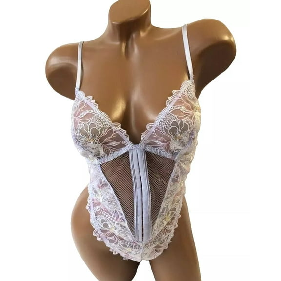 Victoria's Secret Very Sexy Unlined Embroidered Floral Lace Teddy in Iris Metallic Size Medium NWT