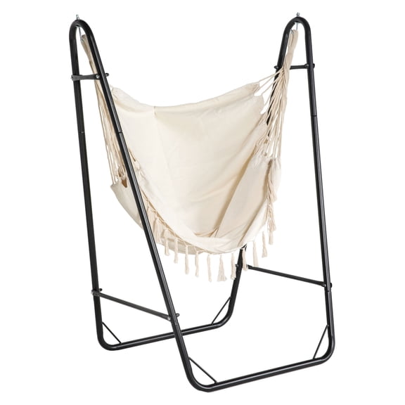 Hammock Chair with Stand, U Shape Swing Chair, Outdoor Patio Chaise, Brown & Cream White, Side Pocket, 330lbs Capacity
