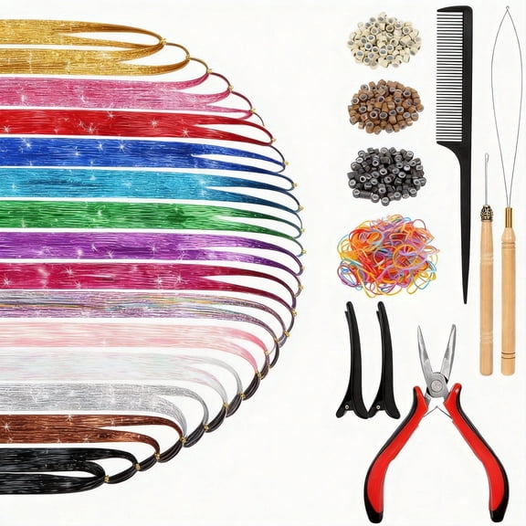 48 Inch Hair Tinsel Kit 14 Colors 3500 Strands, Fairy Glitter Hair Extensions with Complete Tools, Heat Resistant Sparkling Hair Tinsel for Women & Girls Hair Decor