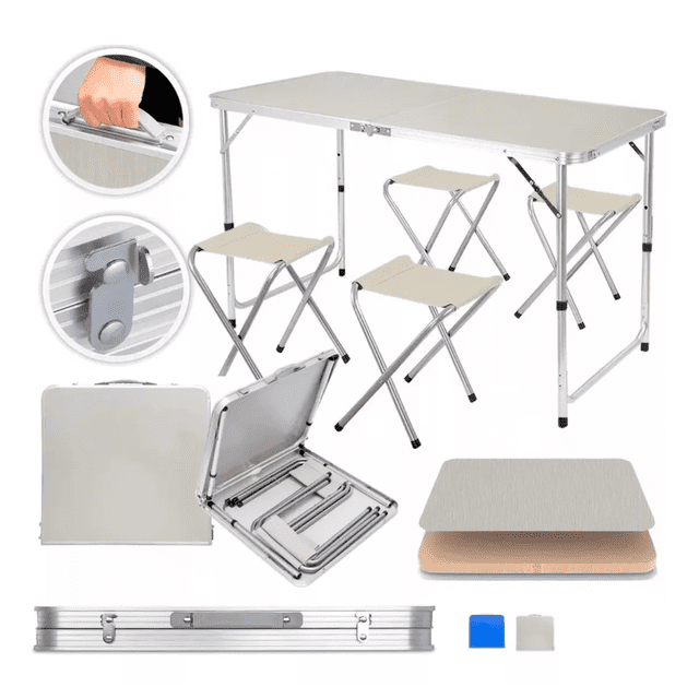 Mesa Plegable Portafolio 1.20m Y 4 Sillas Portátiles Jardín