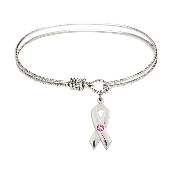 6 1/4 inch Oval Eye Hook Bangle Bracelet w/ Cancer Awareness medal charm w/ Rose Swarovski Crystal
