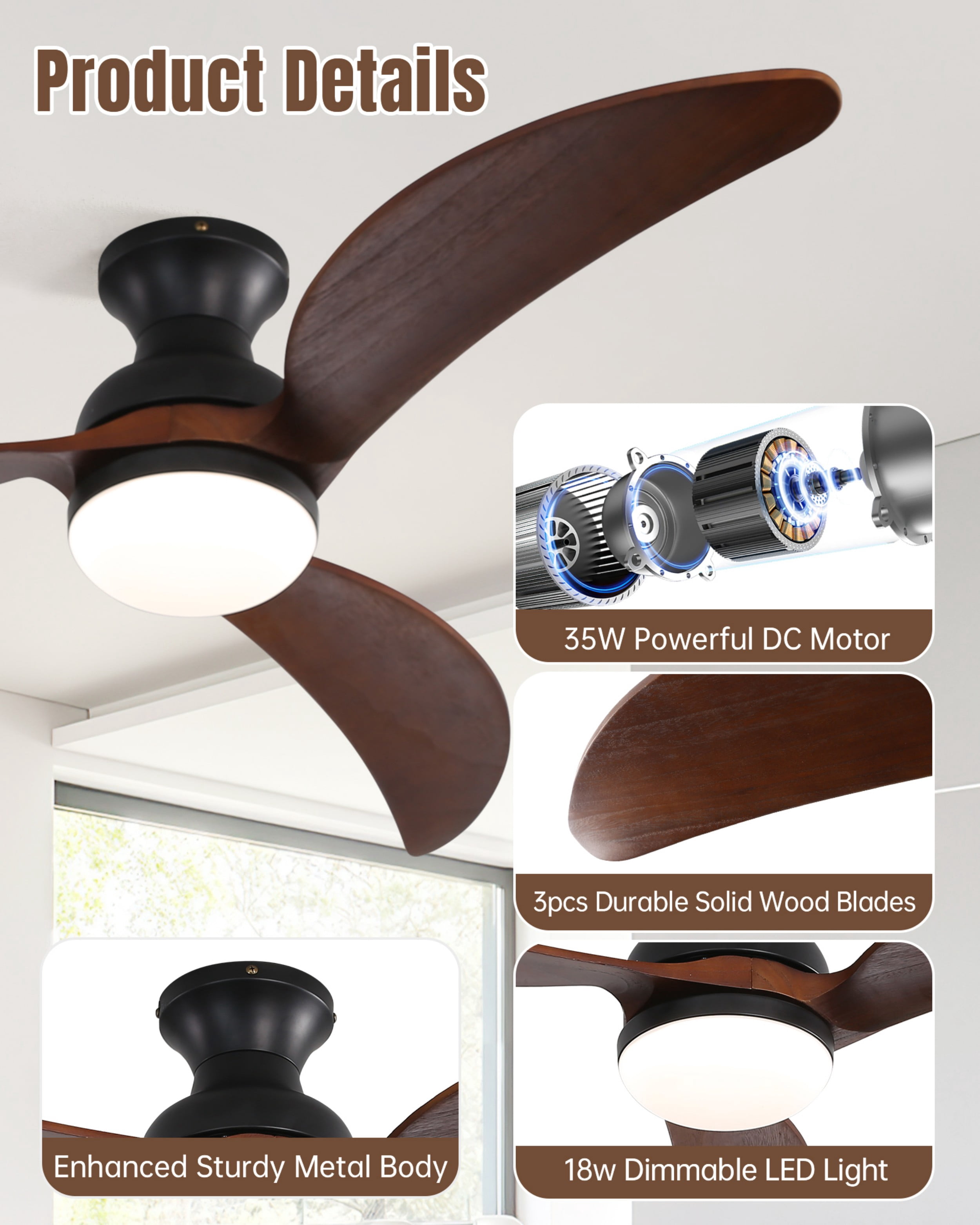 Sofucor 52" Flush Mount Ceiling Fan with LED Lights and Remote Control, Modern