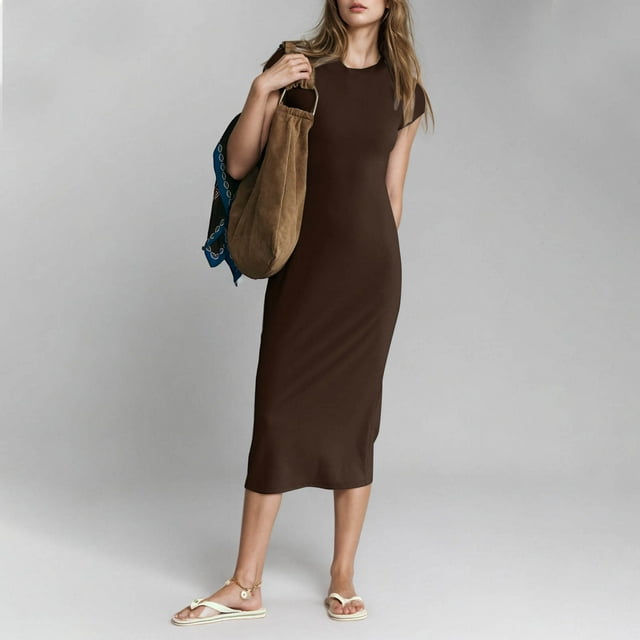Ovzne Robes d'Été pour Femmes Robe Décontractée Col Rond Couleur Unie Robe Longue Manches Courtes Robe Col Rond Grande Taille Robe Maxi Manches Courtes Liquidation