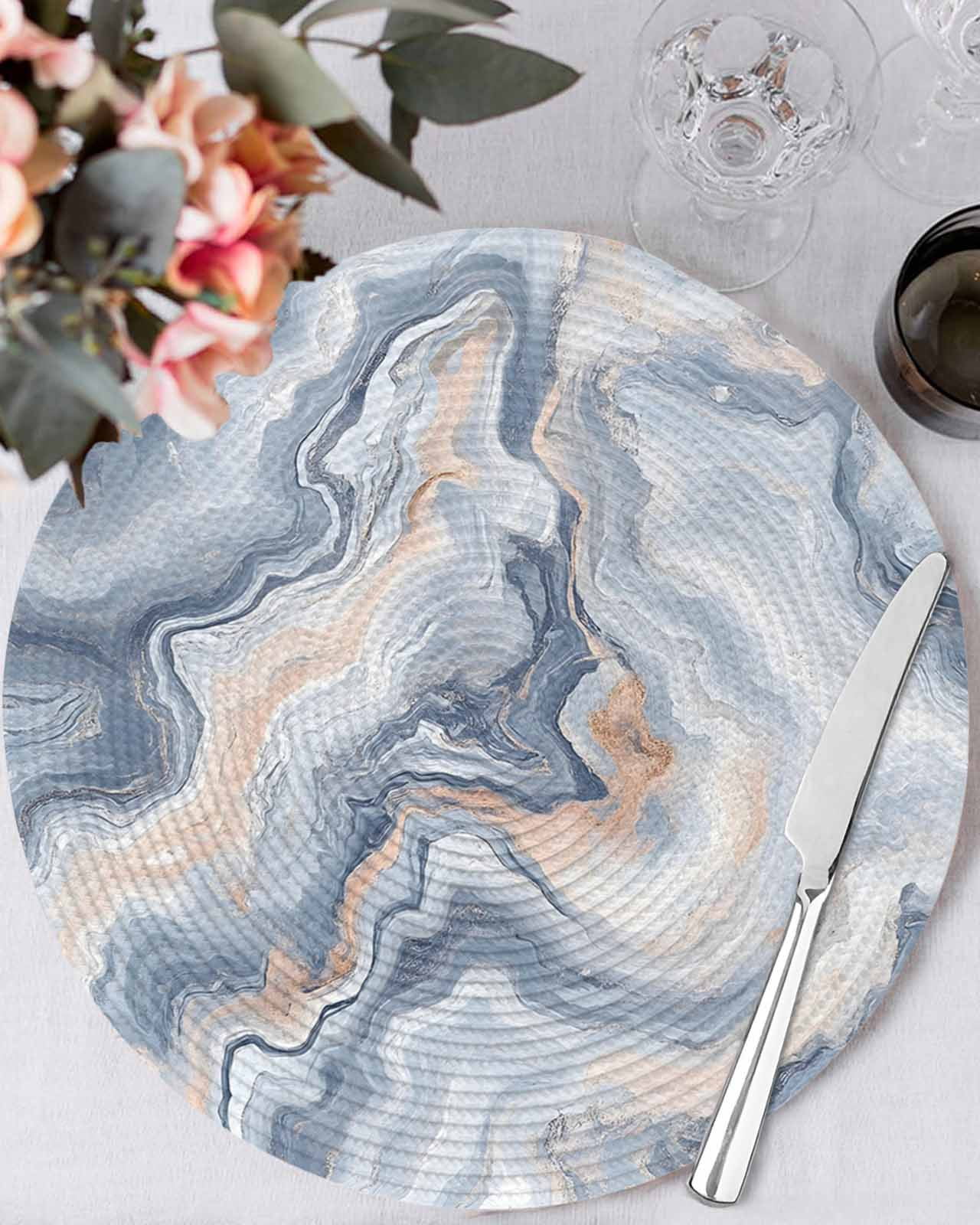 Gray Slate Blue Round Table Placemats set of 6, Abstract Marble Textured Washable Woven Place Mats for Dining Tables Kitchen Party Decor,Heat Proof, 13in,
