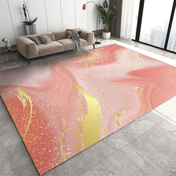 Pink Girl Marble Area Rug, Luxury Gold Texture Non Slip Carpet, Easy Machine Washable Rug For Woman Bedside Living Room Bedroom Kitchen Dining Room Decor Floor Mat 5x7ft