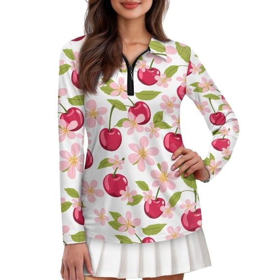 FUIALDOLG Red Cherry Golf Shirts for Woman Quick Dry Lightweight Active T-Shirt Long Sleeve Polo Shirts for Woman Athletic Tee UPF 50 Sun Protection for Camping, Casual Daily Wear,XS