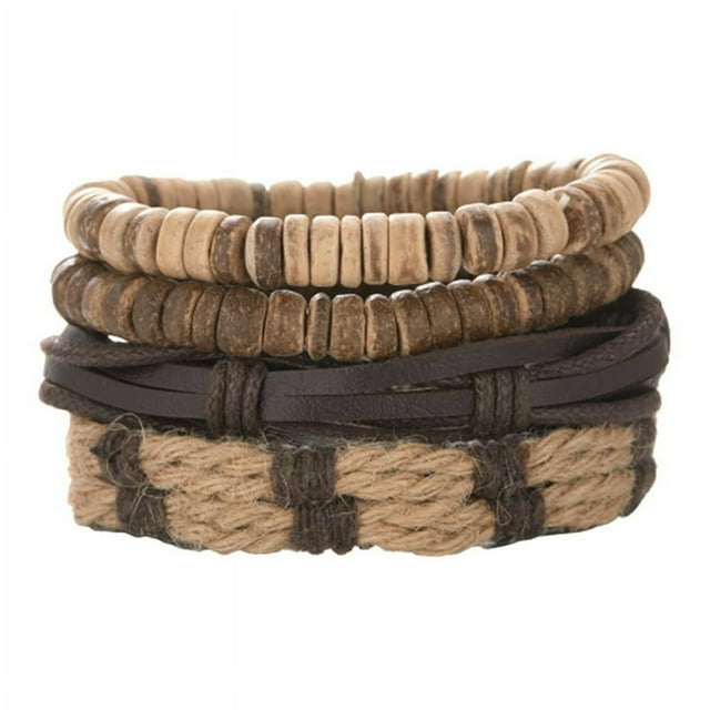 Coconut Shell Wooden Bead Braided Hand Rope Leather Combination Bracelet Set Men‘s Bracelets-4 Pack