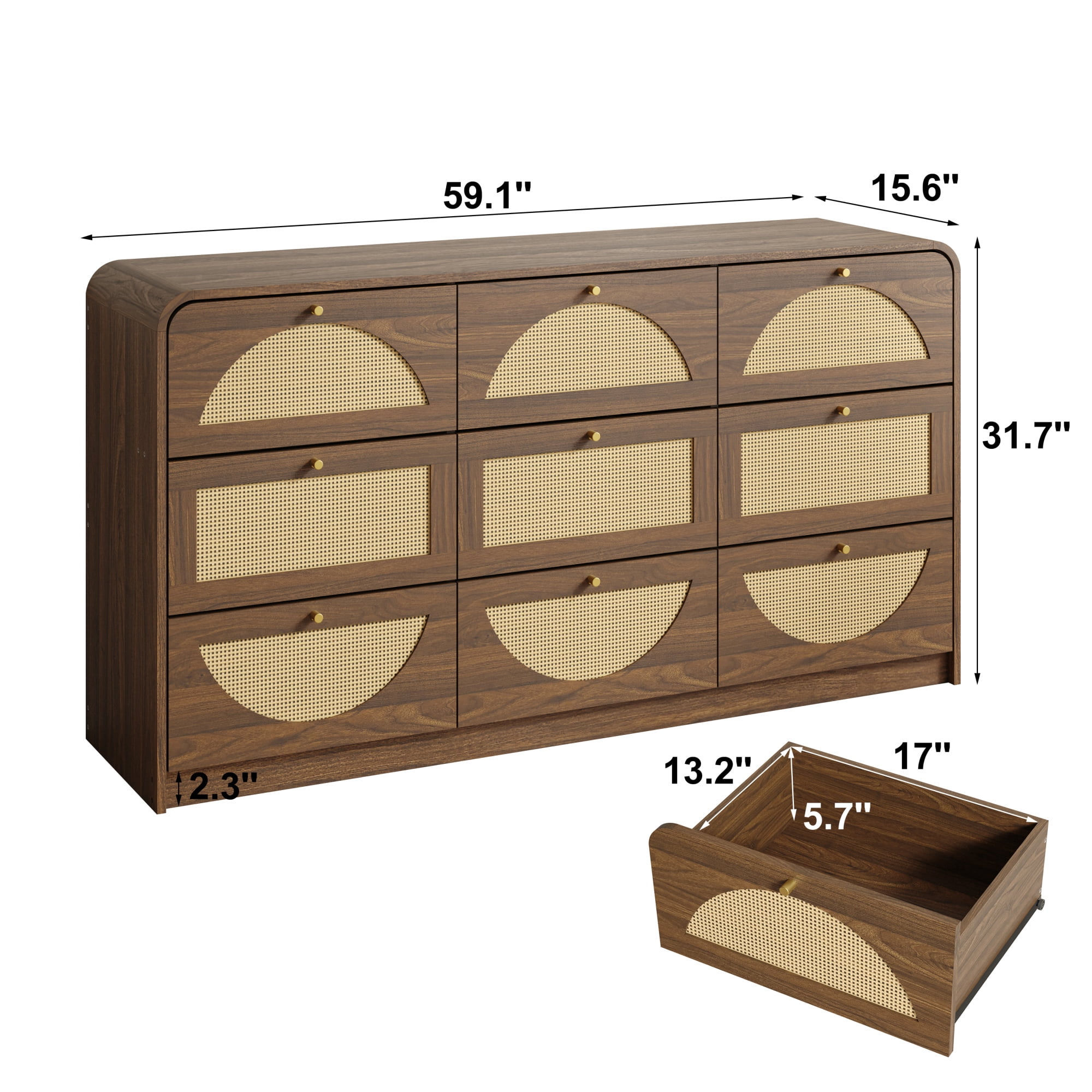 Leumius 9‑Drawer Dresser with Rattan Front, Wide Particle Board Chest of Drawers, Modern Wooden Storage Cabinet for Bedroom Living Room Walnut