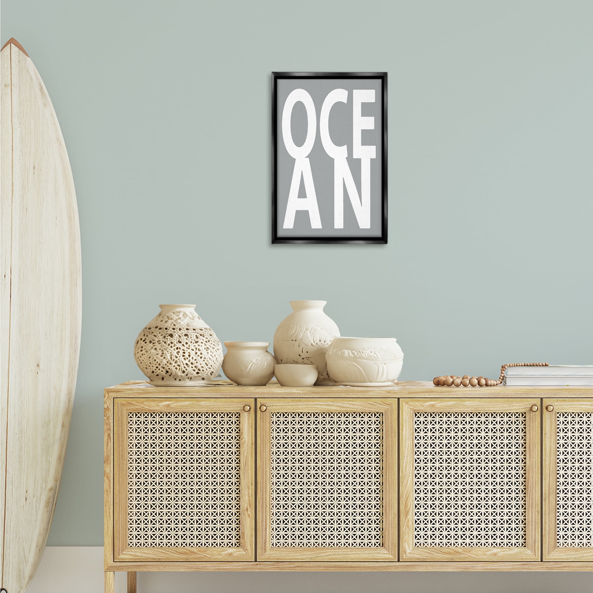 Stupell Industries Ocean Word on Grey Typography Painting Black Floater Framed Art Print Wall Art, 17 x 25