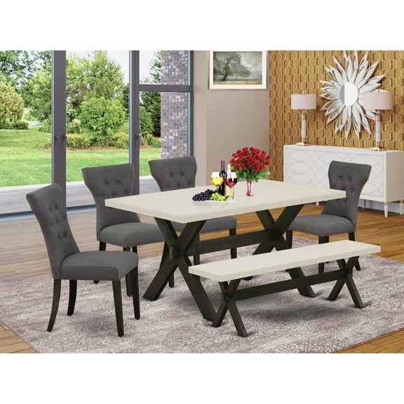 East West Furniture 6-Pc Dining room Table Set-Dark Gotham Grey Linen Fabric Seat and Button Tufted Chair Back Kitchen chairs, A Rectangular Bench and Rectangular Top Wood Kitchen Table with...