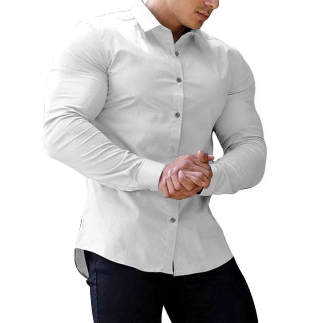 Pompotops Chemise Homme Décontractée Unie à Col Rabattu Boutonnée à Manches Longues en Solde