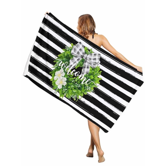 Beach Towel Welcome Bow Tie Wreath Bath Pool Towels Flower Farmhouse Black Stripes Absorbent Beach Towel Soft Large Quick Dry Lightweight Travel Sports Yoga Gym Swim Towels for Adult 30x60 Inch