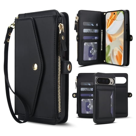 Decase 2-in-1 Detachable Magnetic Wallet Case Compatible with Google Pixel 8, Shockproof PU Leather Flip Cover with Card Slots,Cash Pocket,Zipper Purse,Crossbody Strap,RFID Blocking,Black