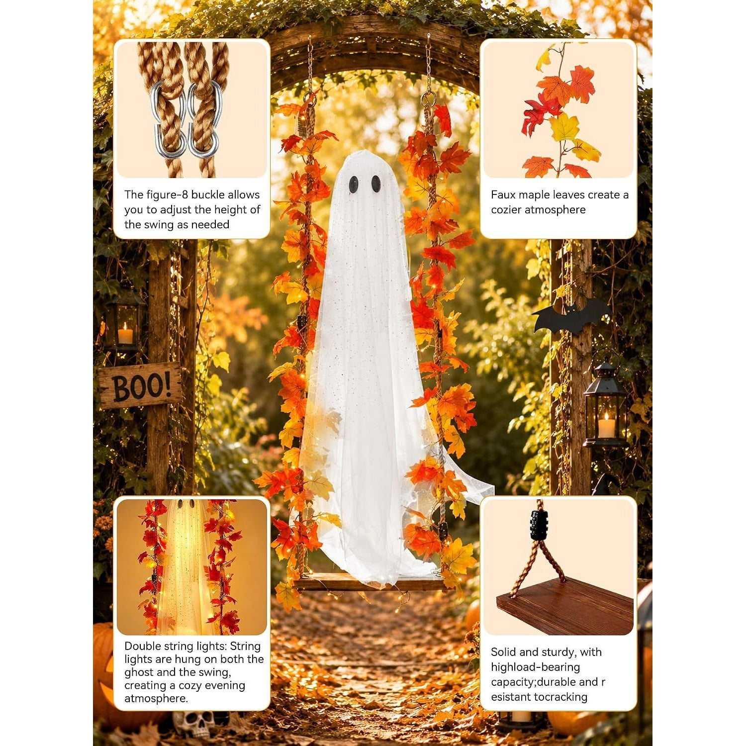 Hanging Ghost Halloween Decoration with Maple Leaf Swing and String Lights, 5.3 ft Ghost, Adjustable 6.6 ft Swing, Indoor Outdoor Yard Porch Tree Decor
