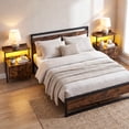 thumbnail image 2 of Giantex Nightstand w/LED Lights & Charging Station, Bedside Table w/Storage Shelves, Brown, 2 of 8