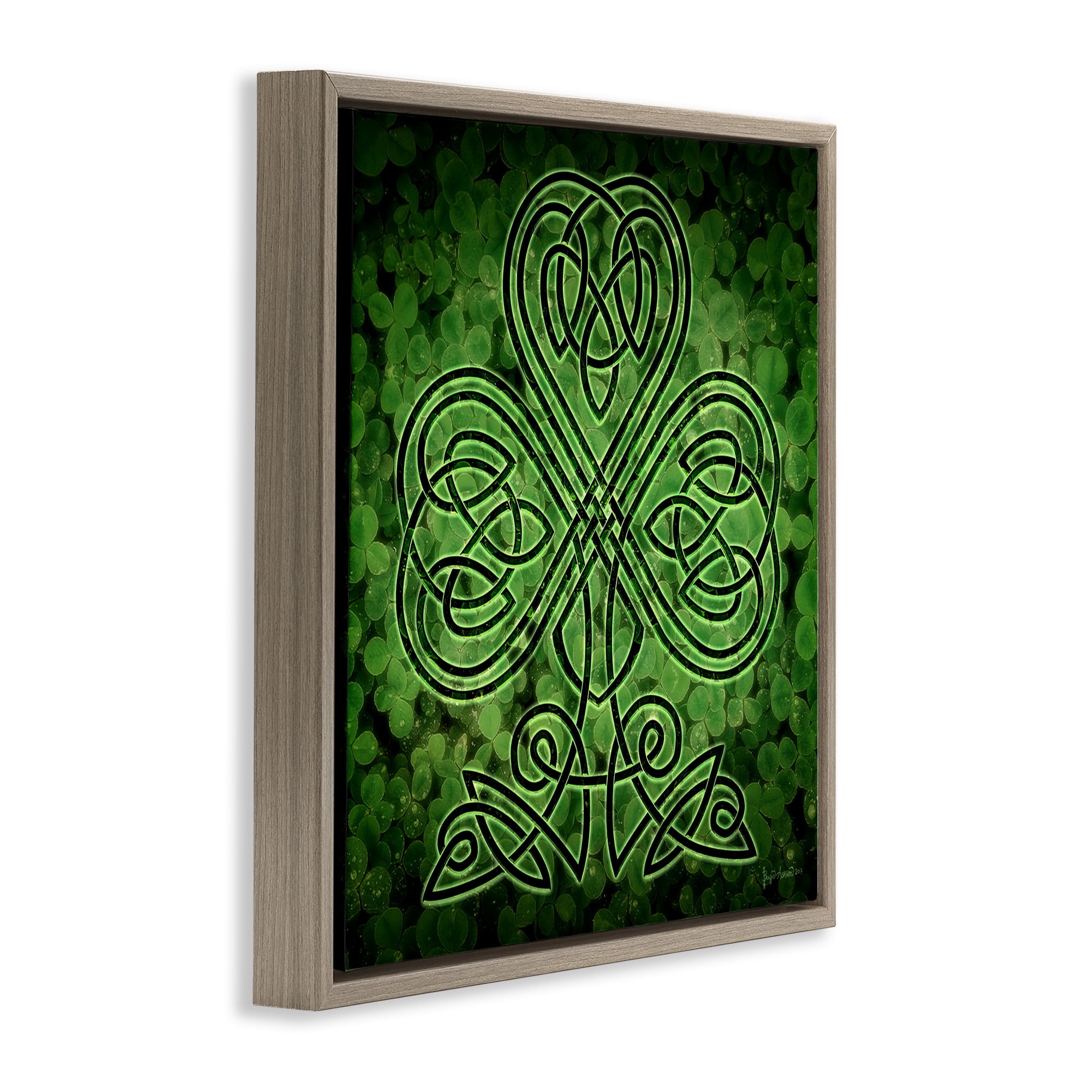Stupell Industries Green Celtic Shamrock Knot Abstract Painting Brown Floater Framed Canvas Art Print Wall Art, 25 x 25