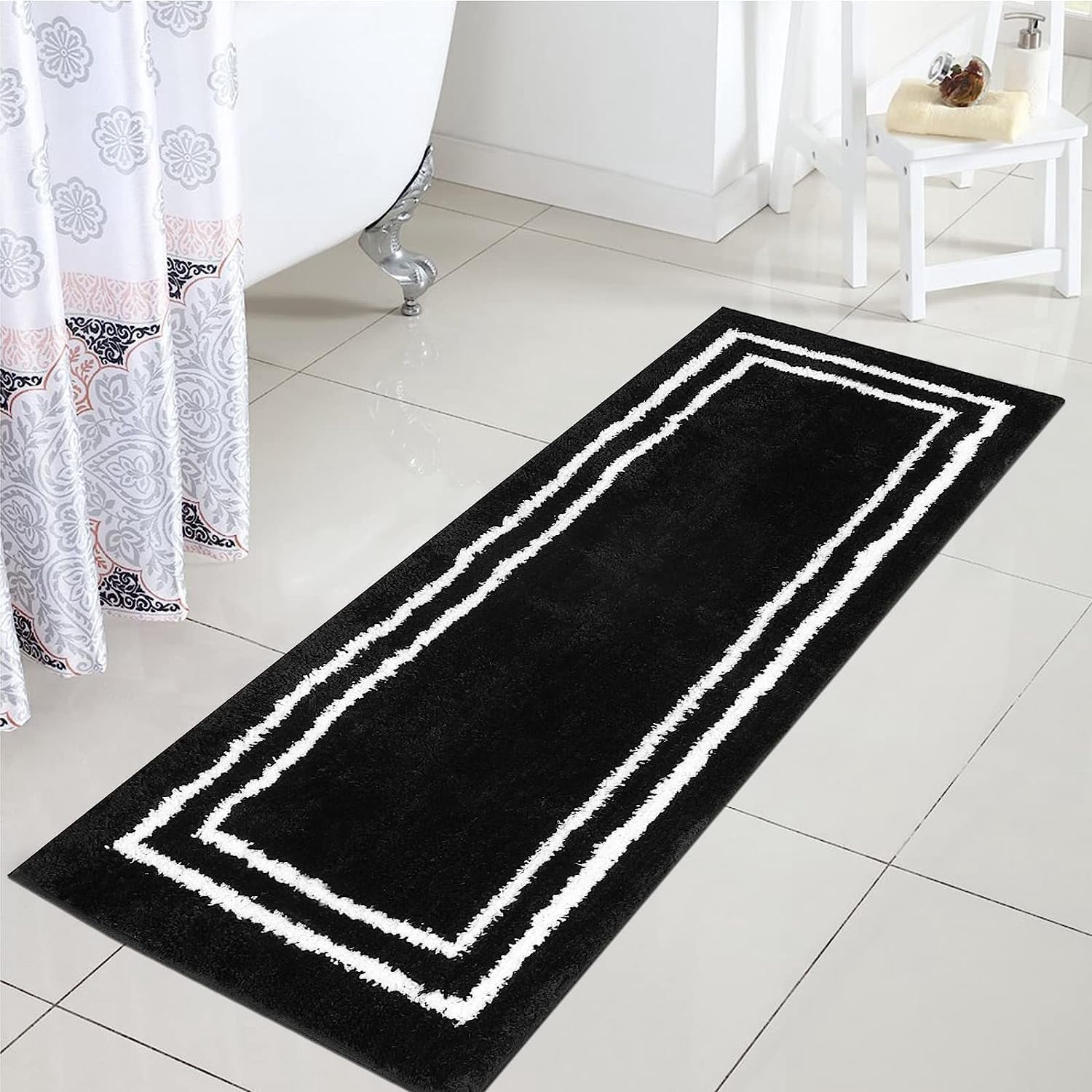 Bathroom Rug Runner, Fluffy Comfy Microfiber Bath Mat for Tub, Non Skid Washable Absorbent Bath Rug Runner, Modern Geometric Black Shower Mat for Bathroom Tub Shower, 18x47 inch