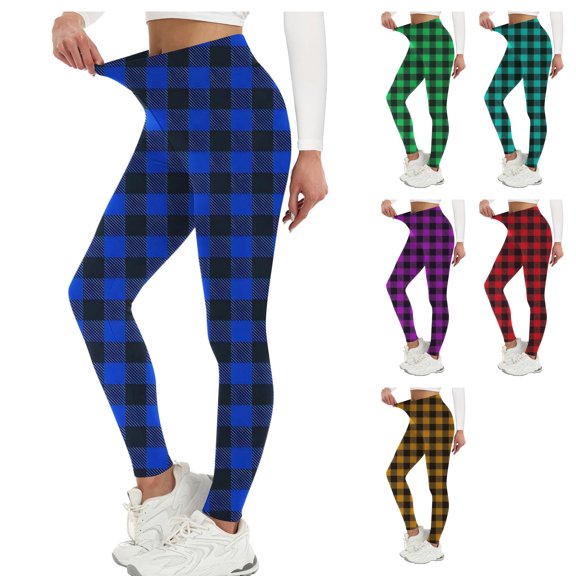 Womens Buffalo Plaid Leggings High Waisted Yoga Pants Tummy Control Stretchy Athletic Tights for Workout Running Activewear Fall, Blue, L