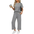 thumbnail image 2 of Women's 2 Piece Sets Summer Lounge Travel Outfits Short Sleeve Tops Wide Leg Airport Casual Trendy Sweatsuits Gray M, 2 of 2