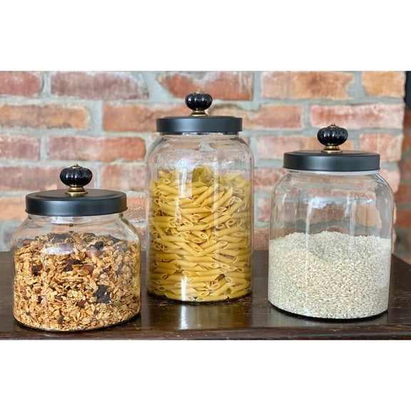 Contemporary Home Living Set of 3 Clear Unique Multipurpose Sealed Storage Canisters with Black