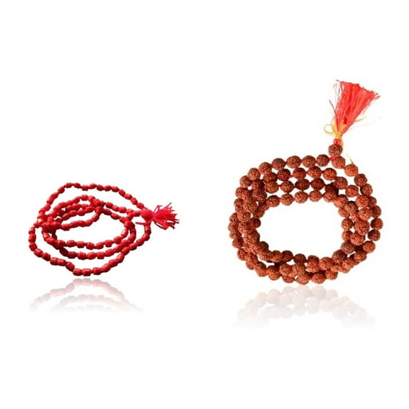 Kamada Combination of Red Coral (Moonga) mala and exquisite 108 beads/manka rudraksha long mala,Spritual Necklace/rosary for Women and Men