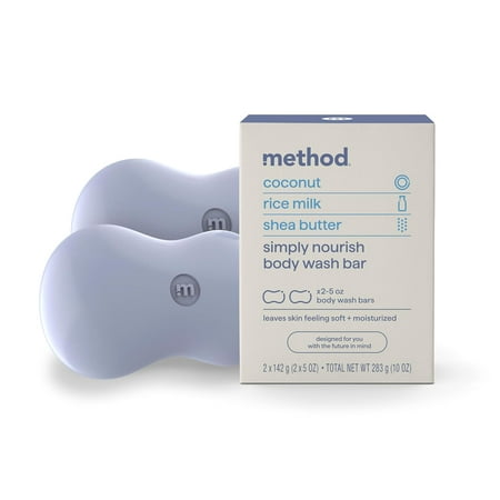Method Bar Soap, Simply Nourish, Coconut, Rice Milk + Shea Butter notes, Plastic Free, 2 bars, 5oz each--Packaging May Vary