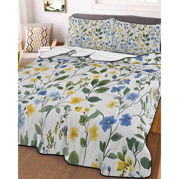 Elegant Blue Yellow Spring Floral King Size Down Alternative Comforter,Lightweight Comforter Quilt Bedding Set with Pillow Shams Summer Botanical Green All Seasons Bed Comforter Duvet Insert 96"x106"