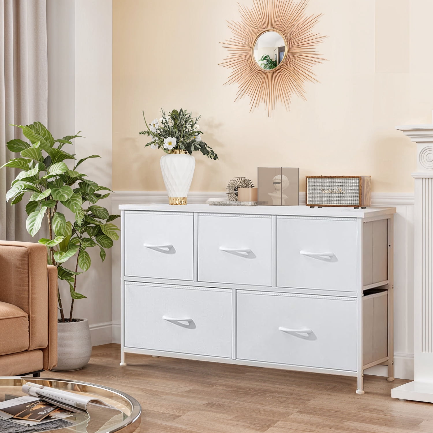 Modern 5 Drawer Fabric Dresser, Chest of Drawer Organizer Storage Cabinet for Bedroom Clothes Closet, Entryway,White