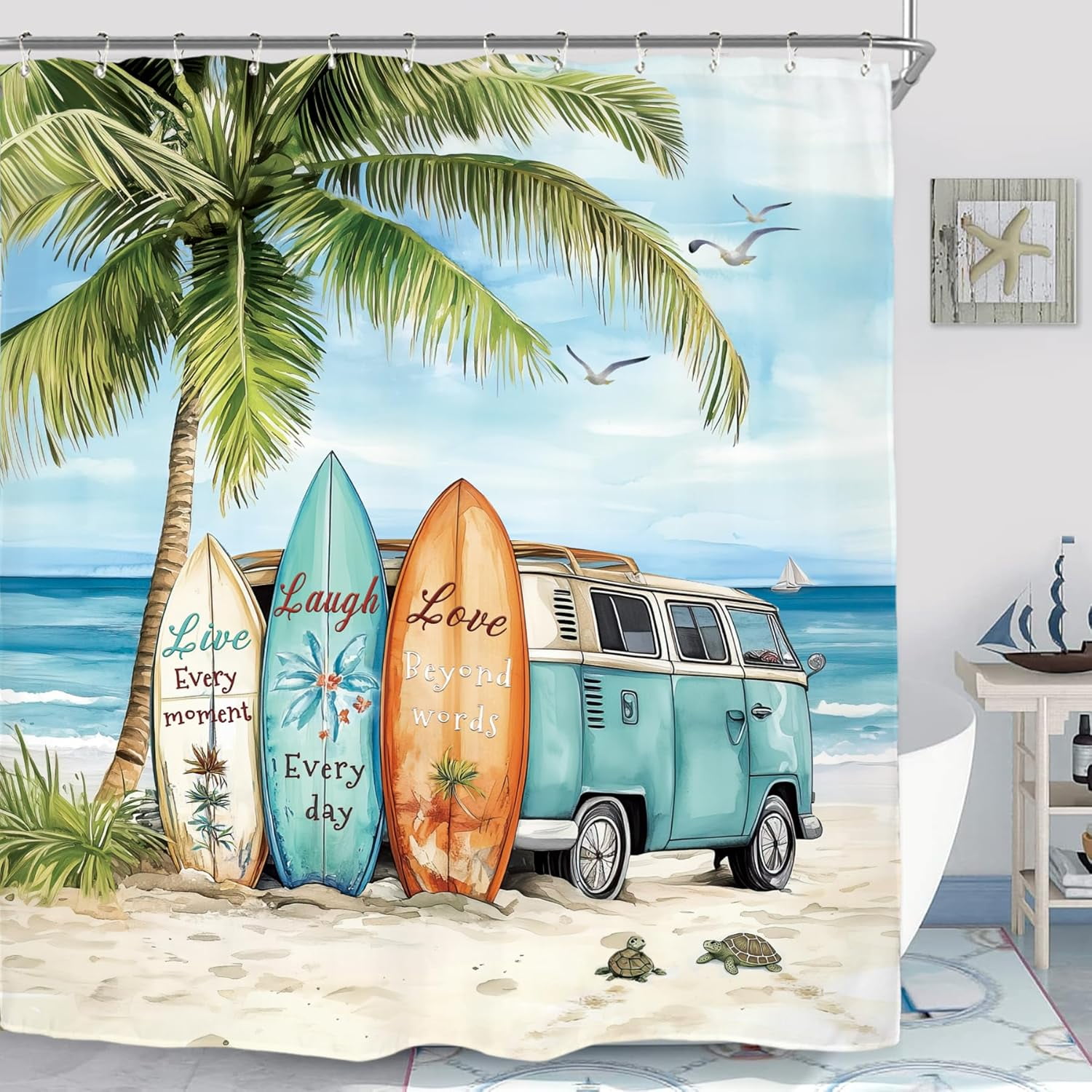 Coastal Beach Palm Surfboard Shower Curtain Set Ocean Summer Tropical Scenery Hawaii Camping Waterproof Bathroom Curtain with Hooks-60"W x 72"L (Pack of 1)