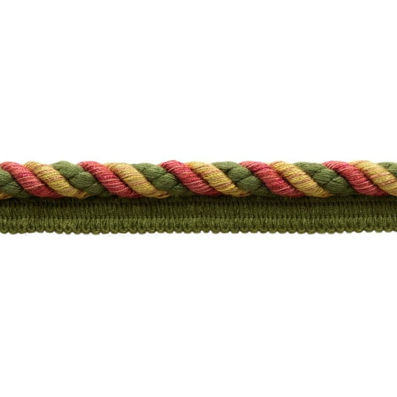 1/2" (1cm) Large Decorative Twisted Rope Cord with Lip | Cord Trim # 0050IC,, Balsam Red #I18 (Light Red, Olive Green, Gold Beige) 10 Yards (30 ft/9.5m)